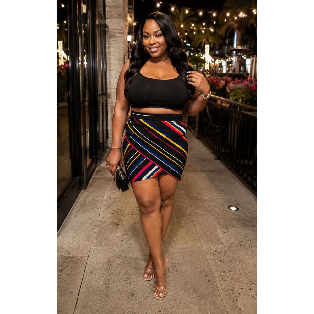 NWT FASHION NOVA Merrilyn Multicolor Diagonal Stripe Mini Skirt 1XL Party Edgy